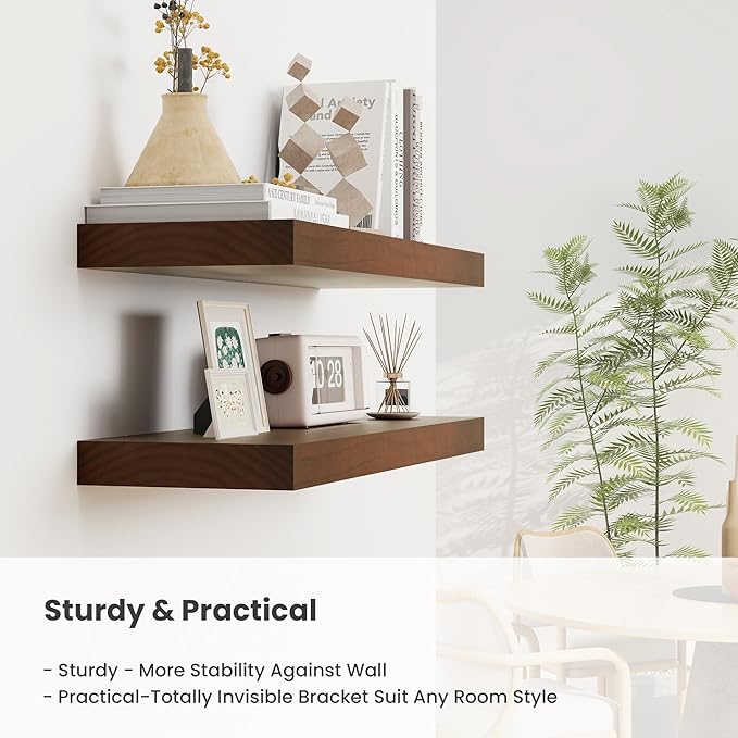 Fun Memories Wood Floating Shelves Set of 2, Rustic Pine Wood Floating Shelves for Wall Mounting, Wide Wall Shelf for Home Decor and Storage, 36