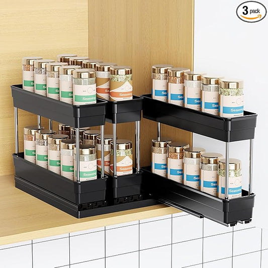 Pull Out Spice Rack Organizer for Cabinet, Slide Out Spice Racks Organizer, Easy to Install Spice Cabinet Organizers, 2.3''Wx10.66''Dx8.11''H, 3 Packs - 2 Tiers (Black)