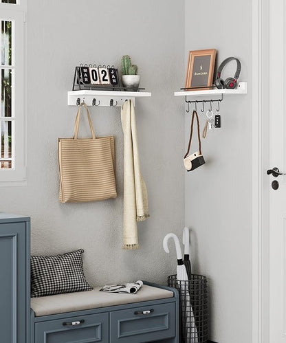 2 Floating Shelves with Hooks, Wall Mounted Coat Rack, Bathroom Shelf with Removable Towel Bar, Hanging Shelves with 9 Hooks, White