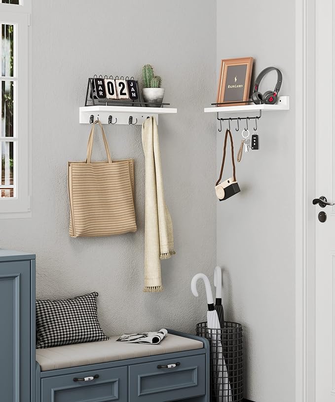 2 Floating Shelves with Hooks, Wall Mounted Coat Rack, Bathroom Shelf with Removable Towel Bar, Hanging Shelves with 9 Hooks, White