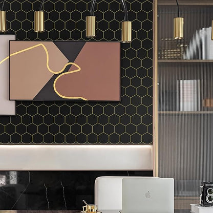 Black Geometric Wallpape Peel and Stick Wallpaper Gold and Black Contact Paper 17.3”×78.7”Decorative Shelf Drawer Liner Roll Waterproof