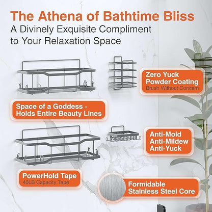 Shower Caddy Bathroom Shelves, The Athena Silken 4 Set, 40LB Capacity, Adhesive Tape - No Drill - Rustproof -Gorgeous Powder Coated 304 Stainless Steel Shower Organizer for kitchen & Home Decor - Grey