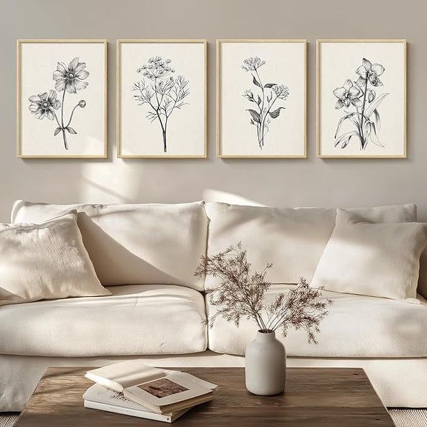 Framed Minimalist Black and White Floral Wall Art, 4 Piece Neutral Rustic Botanical Canvas Artwork for Modern Farmhouse, Vintage Flower Painting Prints for Living Room Bedroom Kitchen Wall Decor,12x16