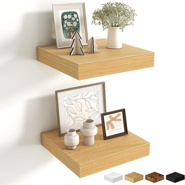 Fun Memories Floating Shelves for Wall - 10" x 10" Wood Shelf with Invisible Bracket - Deep Floating Shelves - 10 Inch Shelf Wall-Mounted for Living Room & Bathroom - Oak - Set of 2
