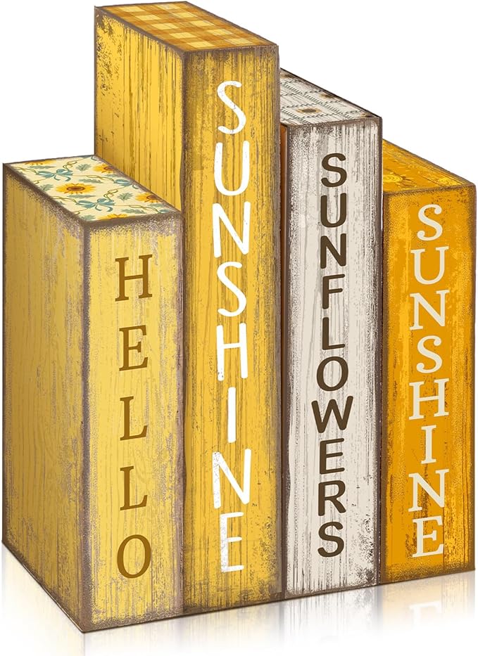 4 Pcs Summer Table Decoration Wooden Book Sunflower Decoration Yellow and White Summer Tiered Tray Decor Wood Book Sign Farmhouse for Home Shelf Coffee Table