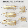 5 Pack Shower Caddy Organizer Rack Shelf for Inside Shower, Self Adhesive Wall Storage Basket Rustproof Stainless Steel Shampoo Holder Bathroom Accessory Decor Set, Gold