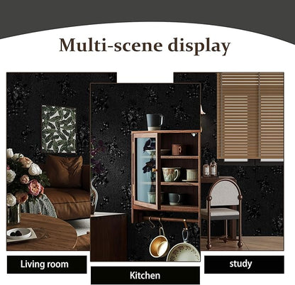 Dimoon 17.7''x118'' Peel and Stick Wallpaper Black Contact Paper Gothic Floral Modern Wall Paper Renter Friendly Self Adhesive Damask Cabinet Vinyl Roll(118''x17.7'', Black Floral Textured)