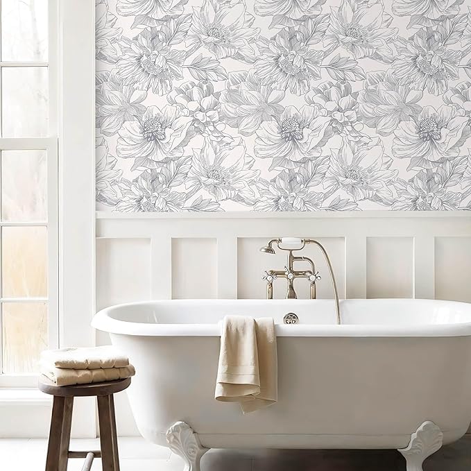 Ismoon Vintage Floral Wallpaper Peel and Stick Boho Beige and Gray Contact Paper 17.3inx6.5ft Removable Self Adhesive Wall Paper for Bathroom Bedroom Cabinet Mural Wall Decor Vinyl Renter Friendly