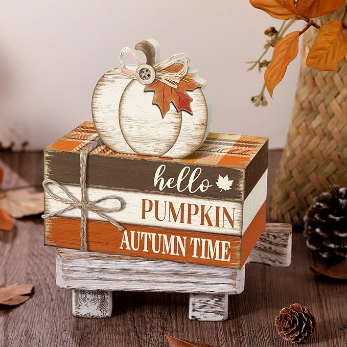 Geelin 4 Pcs Fall Tiered Tray Decorations Thanksgiving Wooden Pumpkin and Maple Leaf Book Stack Signs, Autumn Vintage Table Decoration for Home Office Table Shelf Centerpiece Farmhouse Decorations