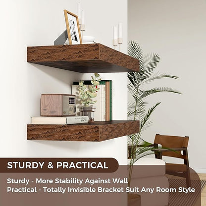 Floating Shelves for Wall, 36" W x 12" D x 2" H, 2 Pack of Long Wall Mounted Engineered Wood Shelves with Invisible Brackets for Living Room, Bedroom, Bathroom, Kitchen Decor, Brown