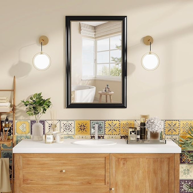 Axeman 22x30 Rectangular Wall Mirror, Decorative Bathroom Mirror, Traditional Vintage Wall Mounted Mirror with Beaded Frame for Accent Living Room Vanity Bedroom Entryway, Black