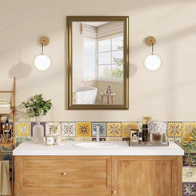 Axeman 22x30 Rectangular Wall Mirror, Decorative Bathroom Mirror, Traditional Vintage Wall Mounted Mirror with Beaded Frame for Accent Living Room Vanity Bedroom Entryway, Gold