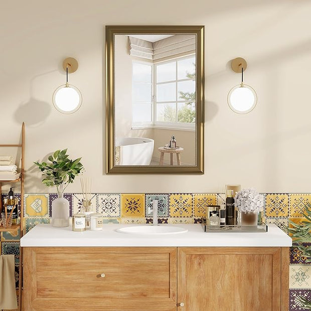 Axeman 28x36 Rectangular Wall Mirror, Decorative Bathroom Mirror, Traditional Vintage Wall Mounted Mirror with Beaded Frame for Accent Living Room Vanity Bedroom Entryway, Gold