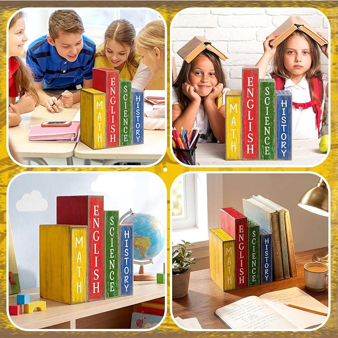 4 Pcs Back to School Table Decoration Wooden Subject Decoration Welcome Back to School Tiered Tray Decor Wood Book Sign Farmhouse for Class Party Home Shelf Coffee Table