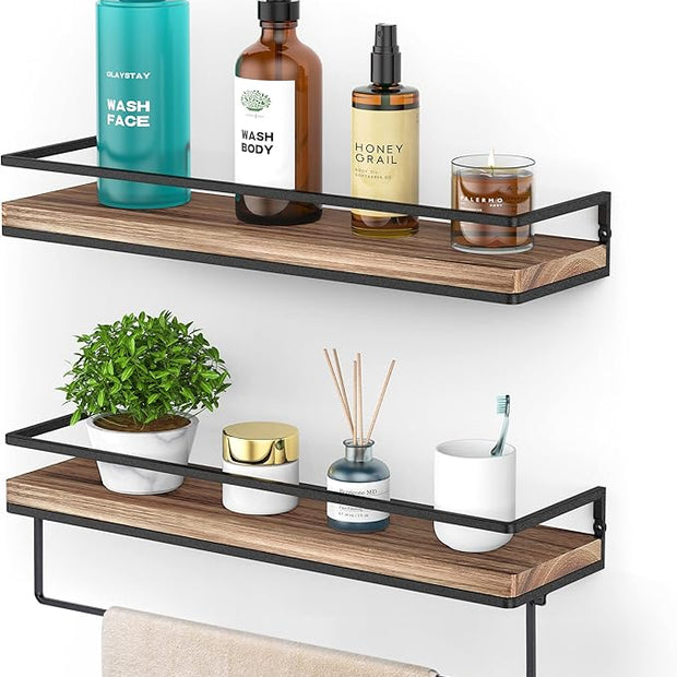 Meangood Floating Shelves Wall Mounted Set of 2, Wall Shelf with Towel Bar Rustic Wood Wall Storage Shelves for Bedroom,Living Room,Bathroom, Kitchen Torched Wood