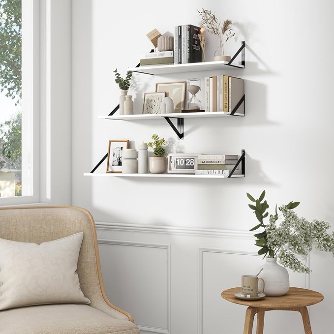 Fun Memories Deep Floating Shelves for Wall, 24W x 8D Wall Mounted Shelves Set of 2, Wide Display Ledge Shelf with Sturdy Metal Brackets for Living Room, Bathroom, Bedroom and Kitchen, White