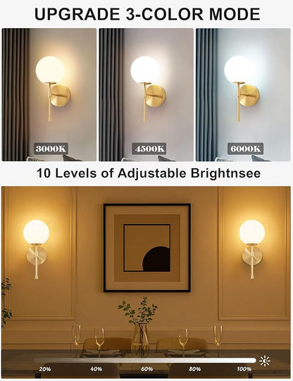 Battery Operated Wall Sconces Set of 2, Glass Globe Wireless Lights with Remote & Touch Control, Rechargeable Brushed Gold Sconce, 3 Color Dimmable Ambient Lighting for Bedroom Living Room