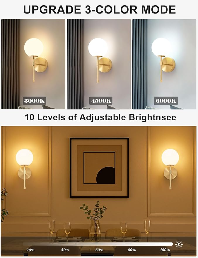 Battery Operated Wall Sconces Set of 2, Glass Globe Wireless Lights with Remote & Touch Control, Rechargeable Brushed Gold Sconce, 3 Color Dimmable Ambient Lighting for Bedroom Living Room