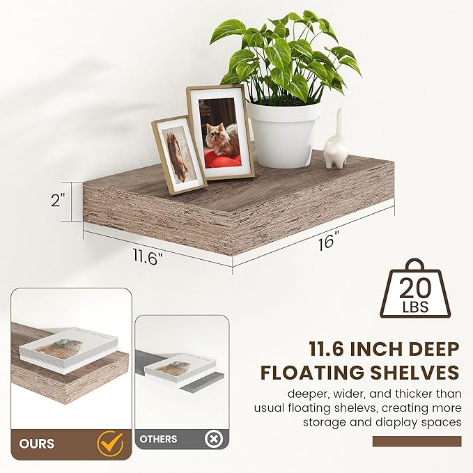 Deep Floating Shelves | 16 Inch Grey Floating Shelves Set of 2 | 12 Inch Deep Rustic Grey Wall Shelves | Deep Shelves for Living Room Bathroom Kitchen Bedroom