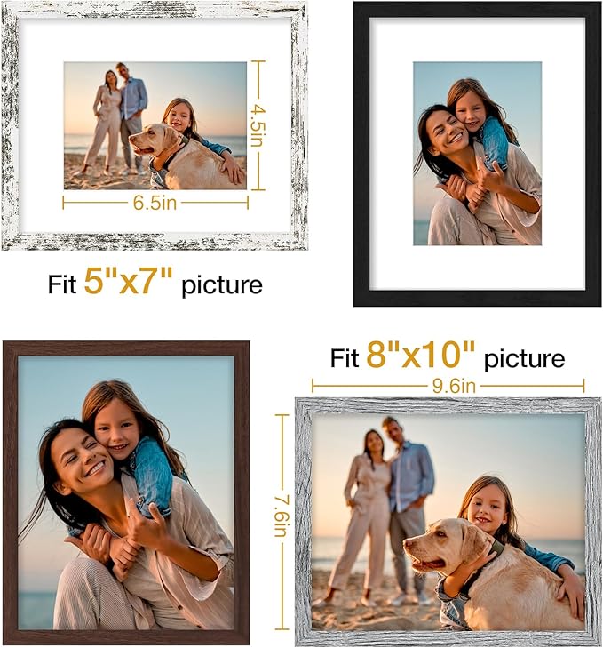 Vittanly 8x10 Picture Frame Set of 4, Display Pictures 5x7 with Mat or 8x10 without Mat, Engineered Wood with Shatter Resistant Plexiglass, Photo Frames for Wall or Tabletop Display, Mixed Colors