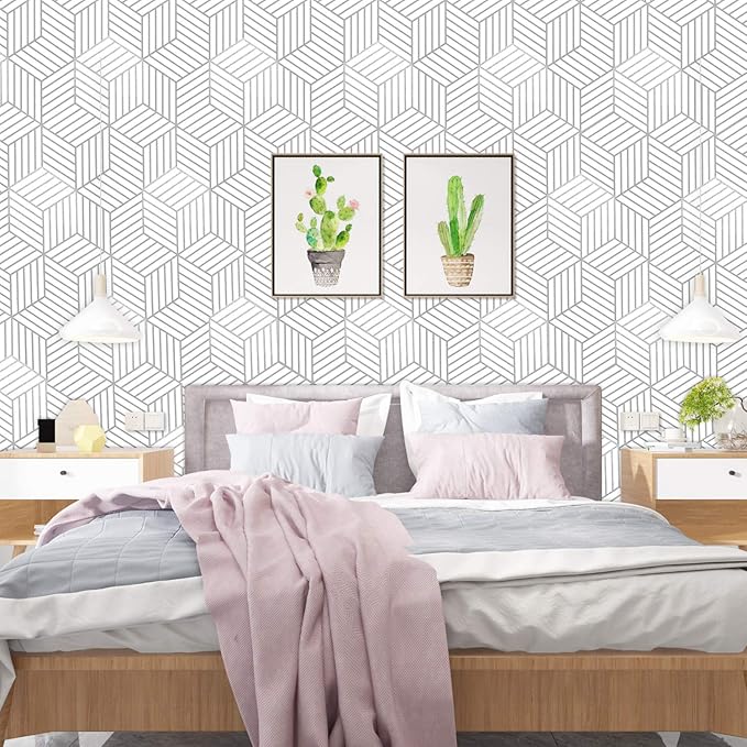 WENMER Geometric Hexagon Wallpaper Contact Paper 17.7 Inch x 394 Inch Geometric Hexagon Silver Peel and Stick Wallpaper Removable Vinyl Film for Home Drawer Shelf Use