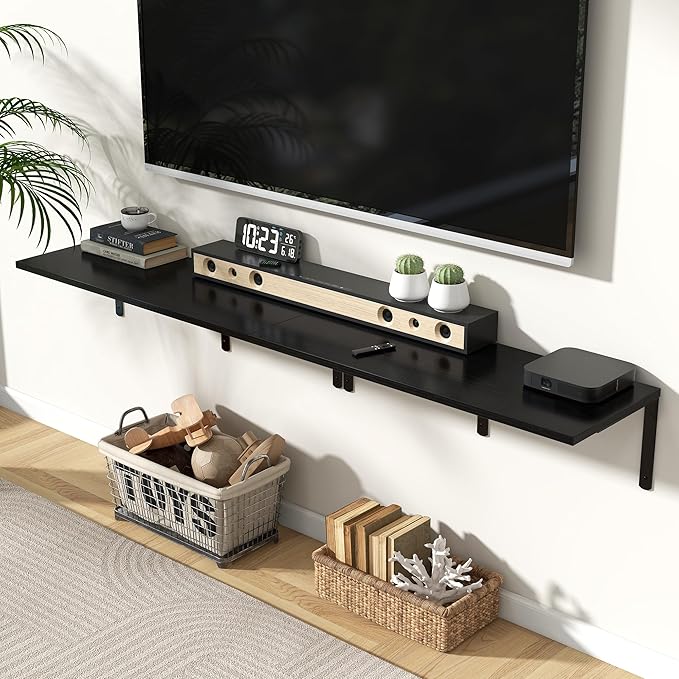 Fun Memories Floating Shelves for Wall, 12 Inch Deep Floating Shelves Set of 2, Wall Mounted Shelf with Metal Brackets, Rustic Wood Wide Shelf for Bathroom, Kitchen and Living Room, Black, 36W x 12D