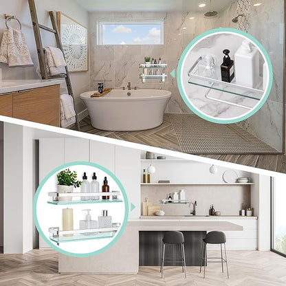 Suzile Set of 2 Glass Bathroom Shelves with Bar, Wall Mounted 15.7 x 4.7 Inches, Bathroom Shelves Hanging Modern Floating Shelf Metal Stick Room Rustproof Organizer Decorative(Silver)