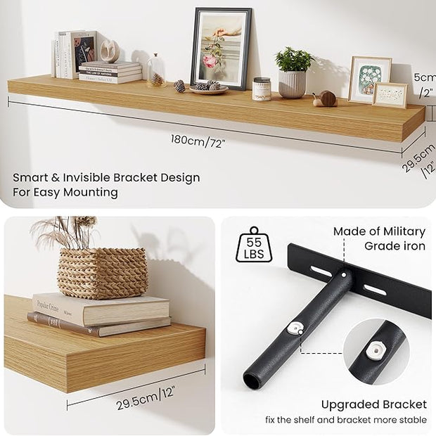 Fun Memories 72 Inch Fireplace Mantel Shelf, 12 Inch Deep Shelves for Display & Wall Storage, Rustic Wood Wall Shelf, Extra Long Floating Shelves for Living Room Laundry Room, Oak, Set of 1
