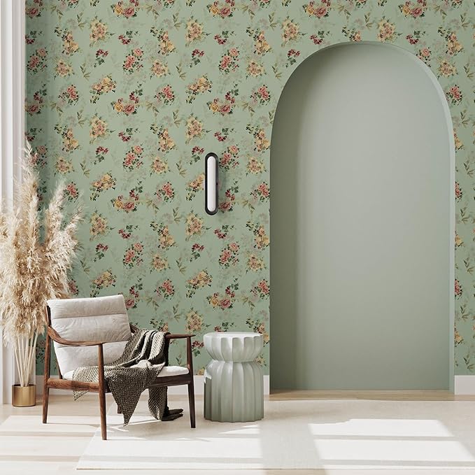 Green Vintage Floral Wallpaper Peel and Stick Mid Century Antique Flower Wall Paper Vinyl Roll for Bedroom Living Room Sticky Removable Floral Contact Paper for Cabinet Drawer 12"x 118"