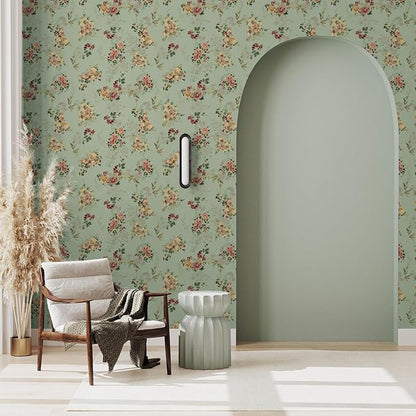 Vintage Green Floral Wallpaper Peel and Stick French Flower Wallpaper 17.7"x 157" Self Adhesive Decorative Floral Contact Paper Victorian Antique Botanical Wall Paper Wall Mural
