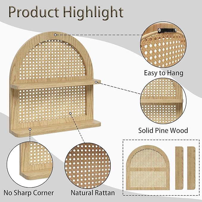 Wood Boho Rattan Wall Shelf - 2-Tier Arched Wicker Floating Shelf Natural Wood New Boho Shelf, Rustic Farmhouse Nursery Decor Shelves Wall Mounted, Neutral Handcrafted (16''l Natural Color)