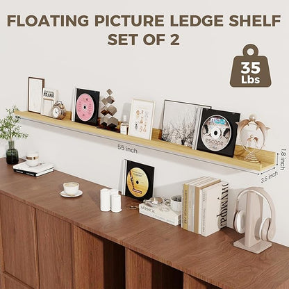 Axeman Floating Shelves | Picture Ledge Shelf Set of 2 | Oak Wall Shelves with Lip | Oak Picture Shelf for Wall with Ledge | Photo Ledges 55 Inch