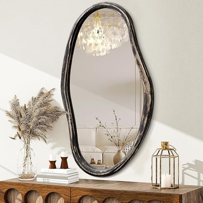 JJUUYOU Irregular Mirror Asymmetrical Wall Mirror 34"x22" Modern Hanging Mirrors for Bathroom Bedroom Living Room Hallway Large Wall Mounted Makeup Dressing Mirrors Rustic Black
