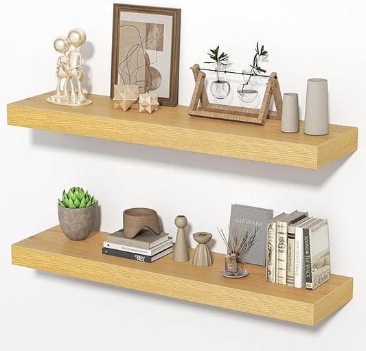 31.5 Inch Floating Shelves for Wall, Wooden Wall Mounted Display Shelves with Invisible Brackets for Living Room, Bedroom, Bathroom, Kitchen Decor and Storage, Set of 2, Oak