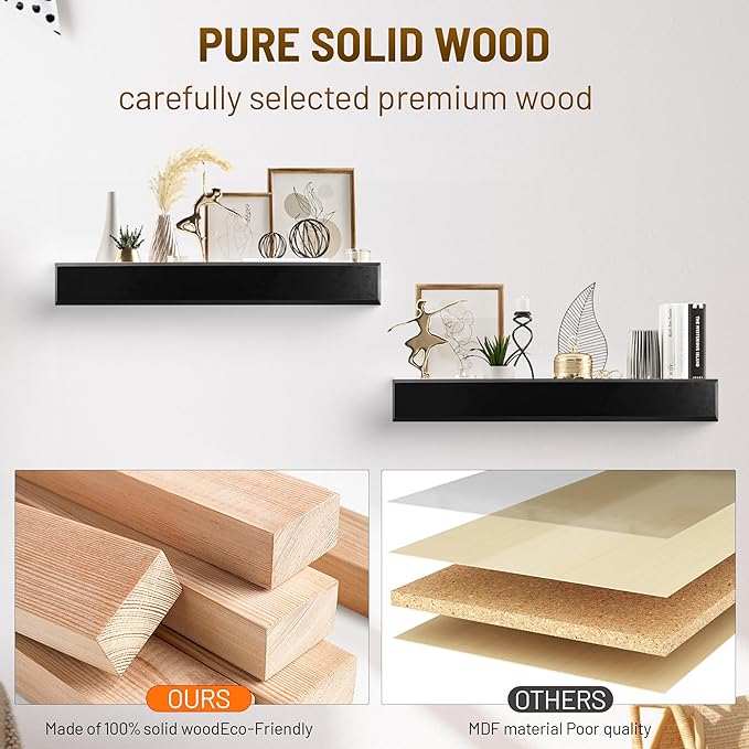 24 Inch Picture Ledge Shelf with Lip,Floating Shelves for Wall, Set of 2 Solid Pine Wood Shelves with Invisible Brackets, Wall Storage for Living Room, Bedroom, Kitchen, Bathroom(Black)