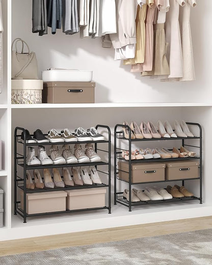 SONGMICS Stackable Shoe Rack, 4 Tier Metal Shoes Rack Storage Shelf, Holds up to 16 Pairs Shoes, Adjustable Slanted Shelves Shoe Tower Organizer for Closet Entryway Small Spaces, Black