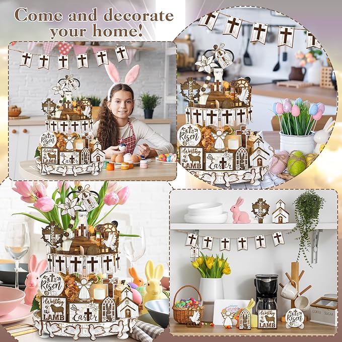Amyhill 31 Pcs Religious Easter Tiered Tray Decor Christian Easter Decorations He is Risen Christian Wooden Signs Farmhouse Cross Lily Dove Table Decor for Home Kitchen Shelf Coffee Bar
