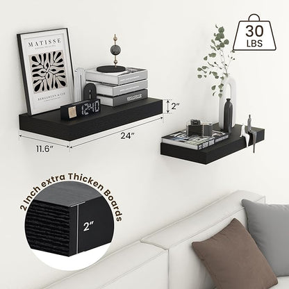 Deep Floating Shelves | 24 Inch Black Floating Shelves Set of 2 | 12 Inch Deep Rustic Wood Shelves for Wall | 24" W x 12" D Black Shelves for Living Room Bathroom Laundry Room Kitchen