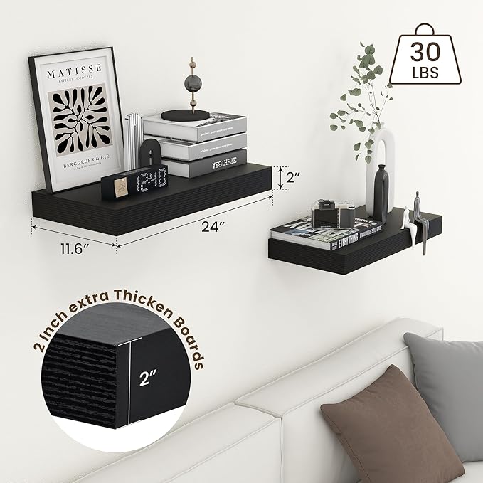 Deep Floating Shelves | 24 Inch Black Floating Shelves Set of 2 | 12 Inch Deep Rustic Wood Shelves for Wall | 24