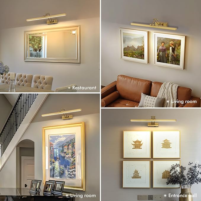 5W LED Wireless Picture Lights with Remote and Timer 23.6'' Inch Rechargeable Brass Gallery Lighting Battery Operated Art Lights Over Frame Portrait