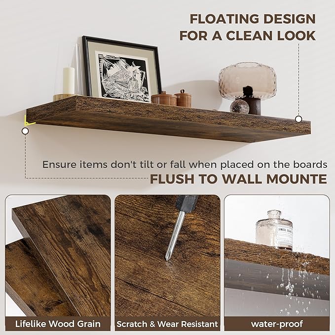 Fun Memories Small Floating Shelves for Wall - 8 Inch Square Wall Shelves with Invisible Brackets, Rustic Brown Shelves for Bathroom, Living Room, Bedroom, and Kitchen Decor, Set of 3