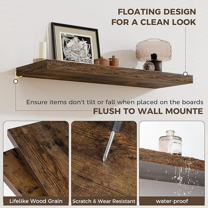 Fun Memories 12 Deep Floating Shelves for Wall | 30W x 12D Large Floating Shelves | 3 Pack Storage Space Wall Mount Shelf for Living Room Bathroom Toilet Laundry Room Kitchen Home Office - Brown