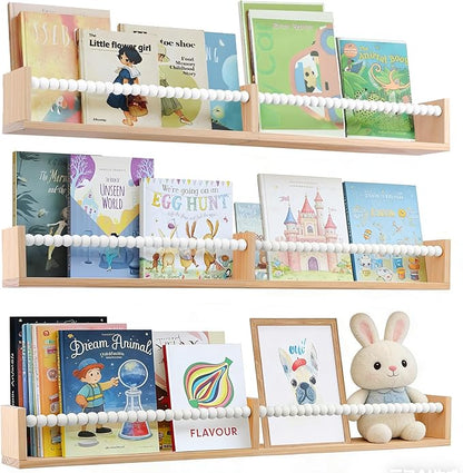 Nursery Bookshelf,Set of 3 White Wood Floating Bookshelf for Kids,Nursery Shelves for Wall,Bathroom Decor, Kitchen Spice Rack (White 3)