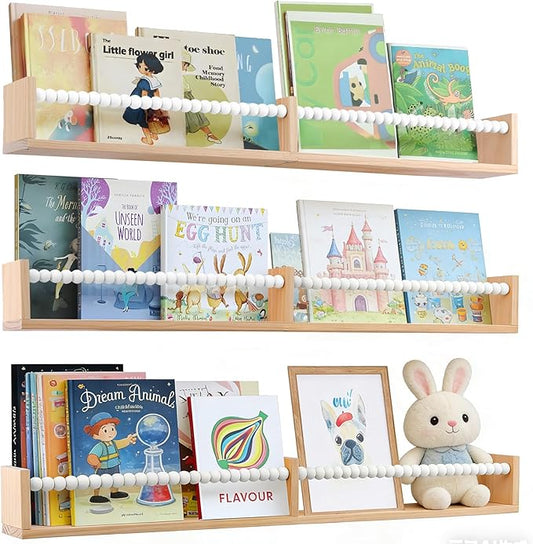 Nursery Bookshelf,Set of 3 White Wood Floating Bookshelf for Kids,Nursery Shelves for Wall,Bathroom Decor, Kitchen Spice Rack (White 3)