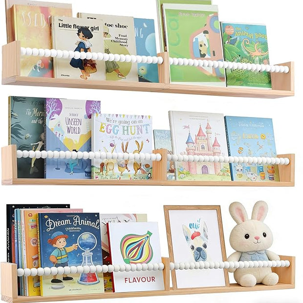 Nursery Bookshelf,Set of 3 White Wood Floating Bookshelf for Kids,Nursery Shelves for Wall,Bathroom Decor, Kitchen Spice Rack (White 3)