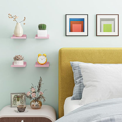 Fixwal Small Floating Shelves, 5x5 Inches Wall Shelf Set of 4, Rustic Wood Small Wall Mounted Shelves for Bedroom, Living Room, Kitchen, Bathroom Decor (Pink)