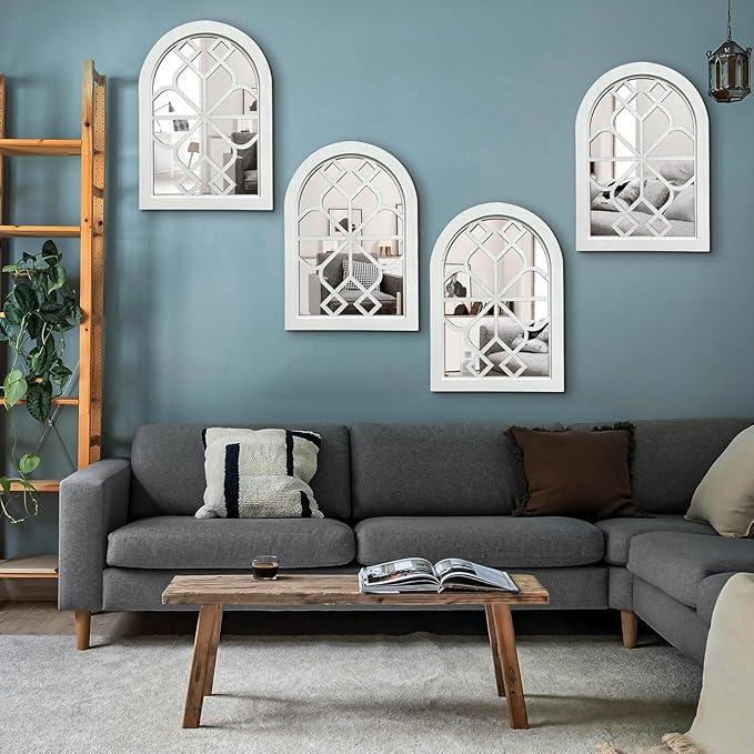 ZEXUIRU Set of 4 Arched Window Wall Mirror Rustic Farmhouse Accent Mirror Wood Framed Entry Wall Decoration for Living Room Bathroom Bedroom Kitchen