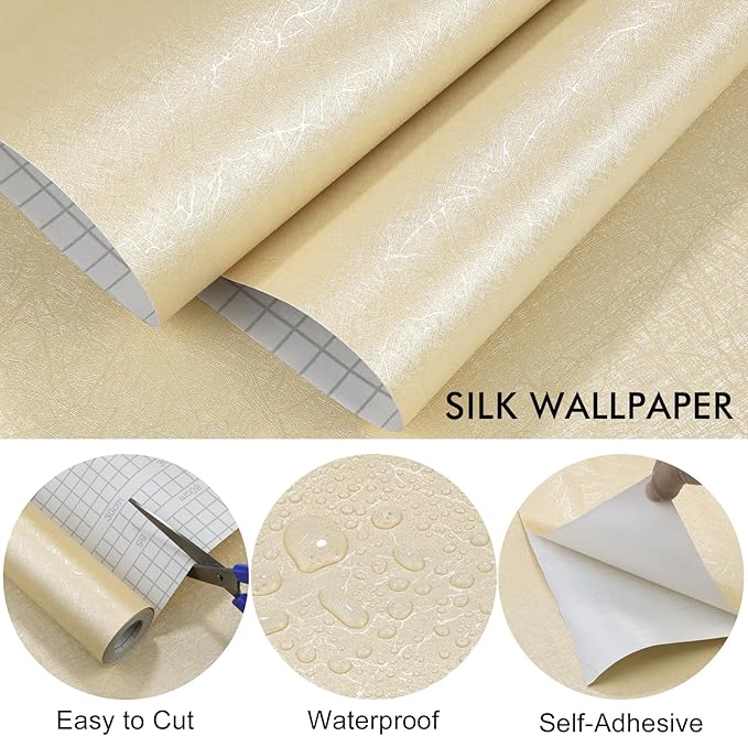 Beige Silk Peel and Stick Wallpaper 17.7 inch X 120 inch Self-Adhesive Embossed Textured Contact Paper Removable Waterproof Vinyl Roll for Bedroom Cabinet Furniture
