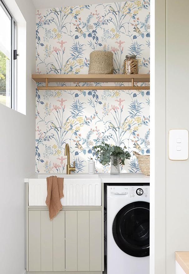 Erfoni 16.9" x118" Boho Floral Peel and Stick Wallpaper Blue Floral and Birds Contact Paper DIY Self Adhesive Removable Wallpaper for Livingroom Cabinet Decor Modern Flower Leaf Wall Paper Vinyl Roll