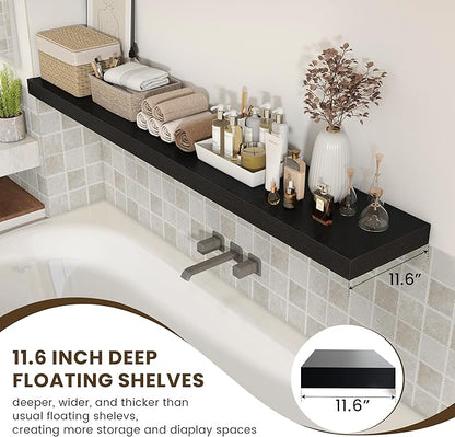 72 Inch Black Floating Shelf | 12 Inch Deep Floating Shelves Set of 1 | 72" D x 12" D Rustic Wood Shelves for Wall | Deep Black Shelves for Living Room Bathroom Laundry Room Kitchen